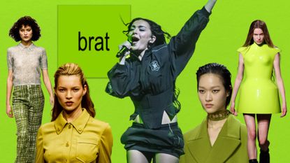 A collage of Charli XCX's 'Brat,' Prada Spring 1996, Gucci Fall 2024, and Alexander McQueen Fall 2024